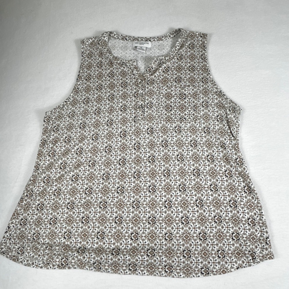 Liz Claiborne Petite‎ Womens Tan Brown Geometric Print Sleeveless V Neck Top PL